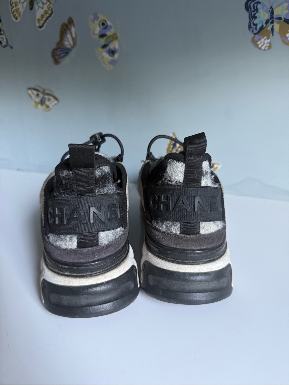 Chanel Black Gray Suede Felted Wool CC Cinch Close Sneakers - Picture 4 of 15